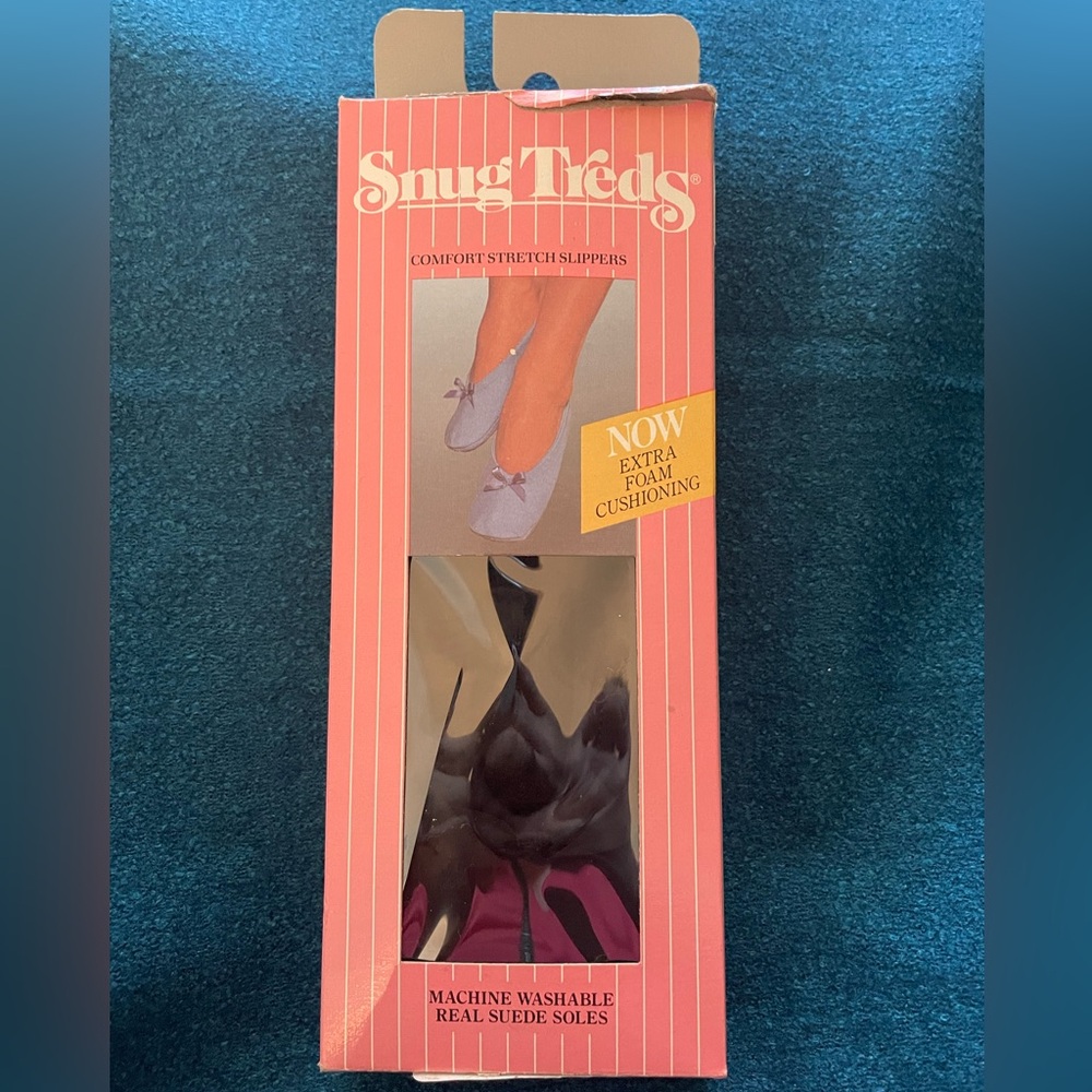 VINTAGE 1989 SNUG TREDS Comfort Stretch Slippers Suede Sole Black Sz S 5-6 - Picture 2 of 8
